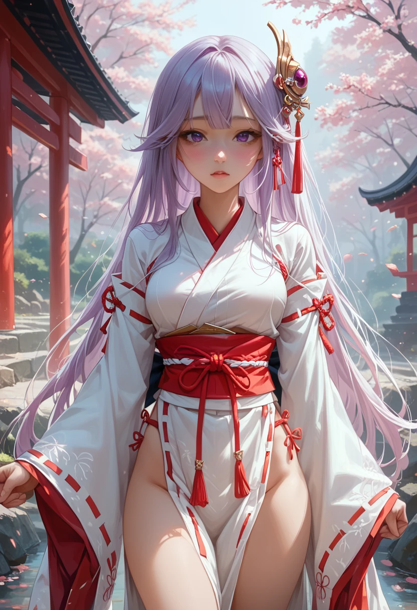 (Best quality:1.4), a high resolution, masterpiece,, 1 girl,, light purple hair, purple eyes, (Kemomimi), medium breast, bare slender thigh,, hair ornament, (red|White Japanese Miko Clothing), cut off sleeves,, blush,, flashlight, shrine,, detailed face,