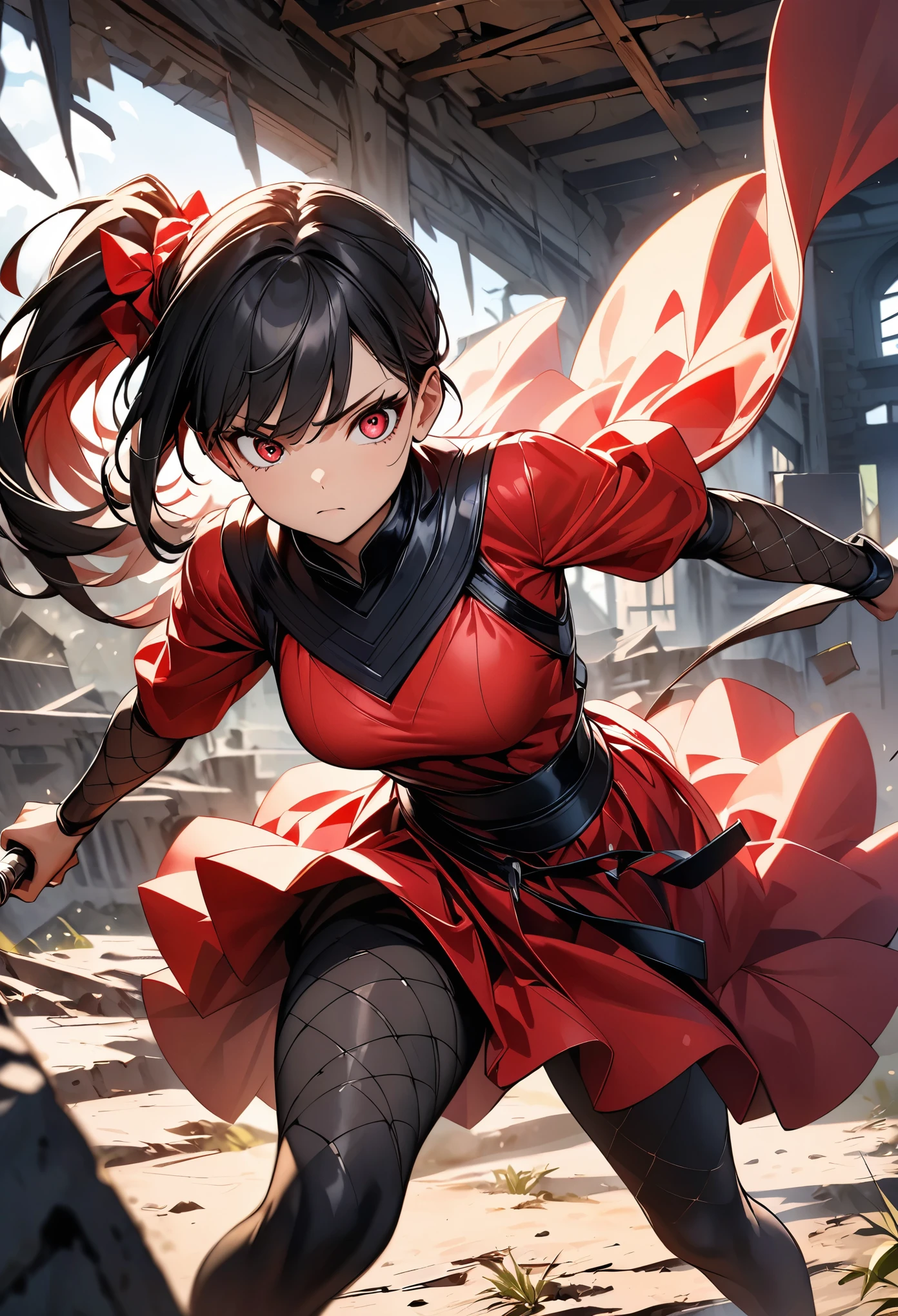 (Highest quality:1.2, Very detailed, up to date, Vibrant, Ultra-high resolution, High Contrast, masterpiece:1.2, Highest quality, Best aesthetics), (((1 girl))), Woman wielding a dagger, ((Body net:1.2, Black and red dress, sexy)), Flowing Hair, intense expression, Intense battle scenes, Dramatic lighting, Bright colors, Powerful strokes, Black Hair, Raised side ponytail, Detailed eyes:1.2, (Expressionless), Heroic figures, Dynamic pose, Abandoned house background