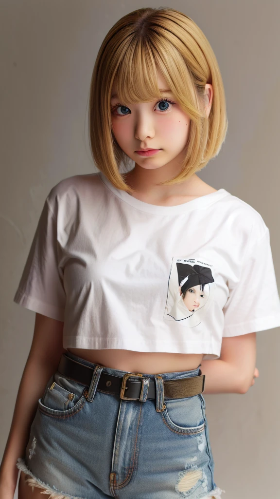 Black and White、blonde、Monotony、Paper cutting、woman、*********、 Bob Cut Hair, Side lock hair t-shirt denim belt