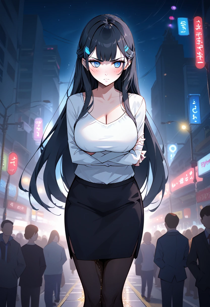 1girl, woman, (wetting self:1.5), desperation, (very long hair:1.5), straight hair, medium bangs, huge breasts, black hair, blue eyes, blue pencil skirt, pantyhose cleavage, (blushing:1.5), humiliation, angry, trembling, (arms crossed:1.5), city, street, crowd, night, futuristic, colorful lights, colorful city, (saturated:1.5)