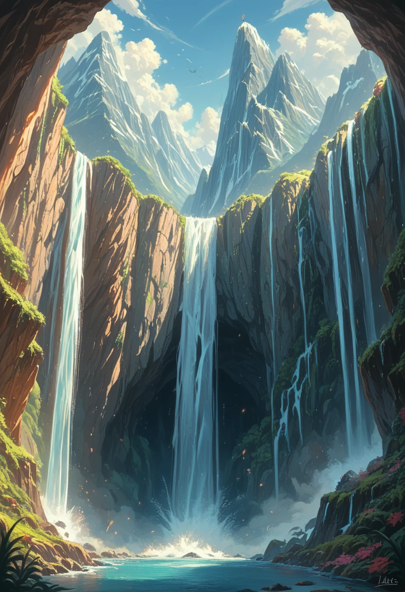 super huge mountains alps magnificent view magnificent nature fantasy huge waterfall high resolution masterpiece best quality