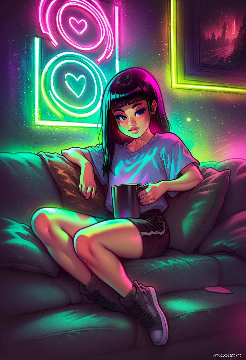 score_9, score_8_up, score_7_up, score_6_up, score_5_up, score_4_up, best aesthetic,high quality, Melkor Mancin, 1girl, young girl, child, neon colors, sitting on a couch, long black hair, blunt bangs
