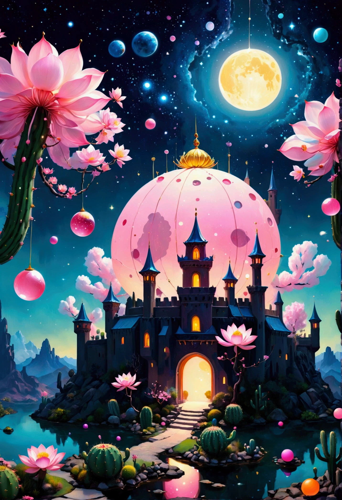 Fantastic, Eye shaped castle, Surrealism, Colorful spheres floating, Mysterious atmosphere, Pink cherry blossom tree, Oversized lotus, Night sky details, Vibrant cactus, starlight embellishment, Artistic fantasy, full of imagination, Like a dream, Fantasy Landscape, Art Dream.