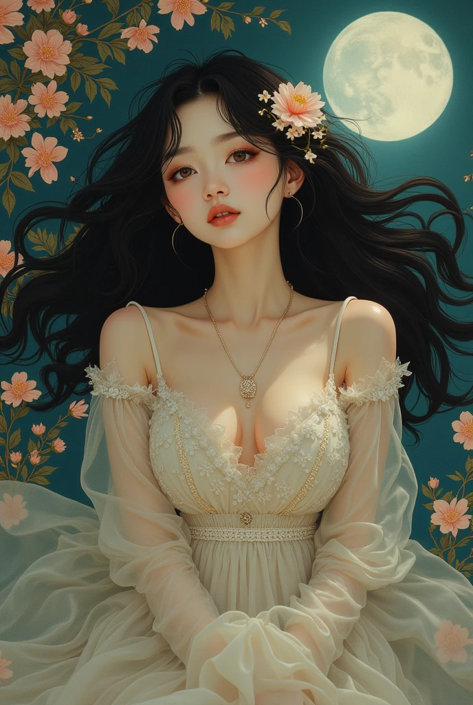 Upper Body, Realistic Beautiful Woman, Light hair,Beautiful in a tiara with big white flowers...,  Detailed eyes, Blue eyes, Side view, A hyper-realistic, Anatomical, Graceful, Dynamic, ighly detailed,  silky, Facing the viewer, The body is arranged symmetrically、Balanced., stunningly beautiful teenage girl, detailed hairstyle,, Convoluted,((top-quality, 8K, ​masterpiece :1.3)), 1womanl, Beautiful woman emphasizing slender abs: 1.3, (casual hairstyle, large full breasts: 1.2), Casual wear: 1.2,  ultra detail face, Delicate pupils, 二重まぶた, Soft breasts, a smile,Perfect body proportions, Valley exposure,Complete portrait of 18 year old Korean woman's face, a moon : Has an impressive and ethereal appearance. She has long, Flowing silver hair sparkling like moonlight, This is often styled with loose waves. Her eyes are a seductive shade of silver, Reflects her connection to the moon. Luna is skinny, With a graceful physique、Often wear celestial-themed costumes featuring shades of silver, white, and blue, Similar to the night sky illuminated by the starry sky.