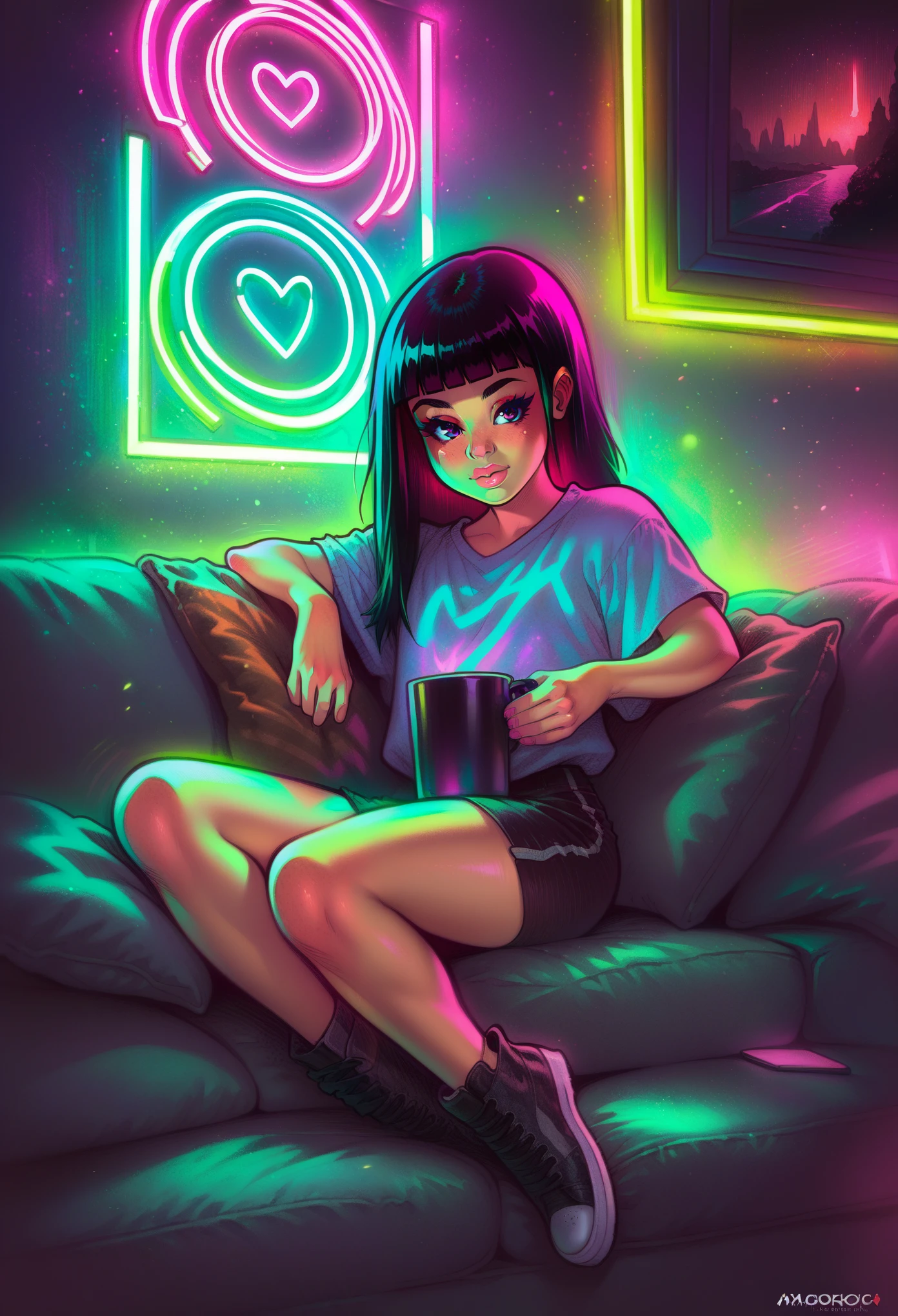 score_9, score_8_up, score_7_up, score_6_up, score_5_up, score_4_up, best aesthetic,high quality, Melkor Mancin, 1girl, young girl, child, neon colors, sitting on a couch, long black hair, blunt bangs
