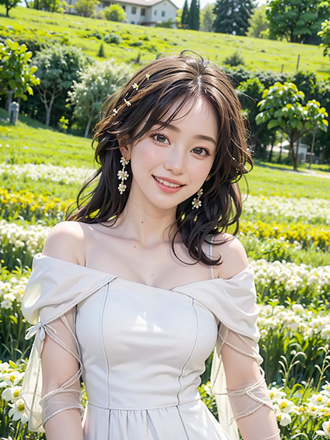 Highest quality, masterpiece, Ultra-high resolution, (Realistic:1.4), RAW Photos, One girl, White Dress, Off the shoulder, Flower Field, Glowing Skin, A light smile