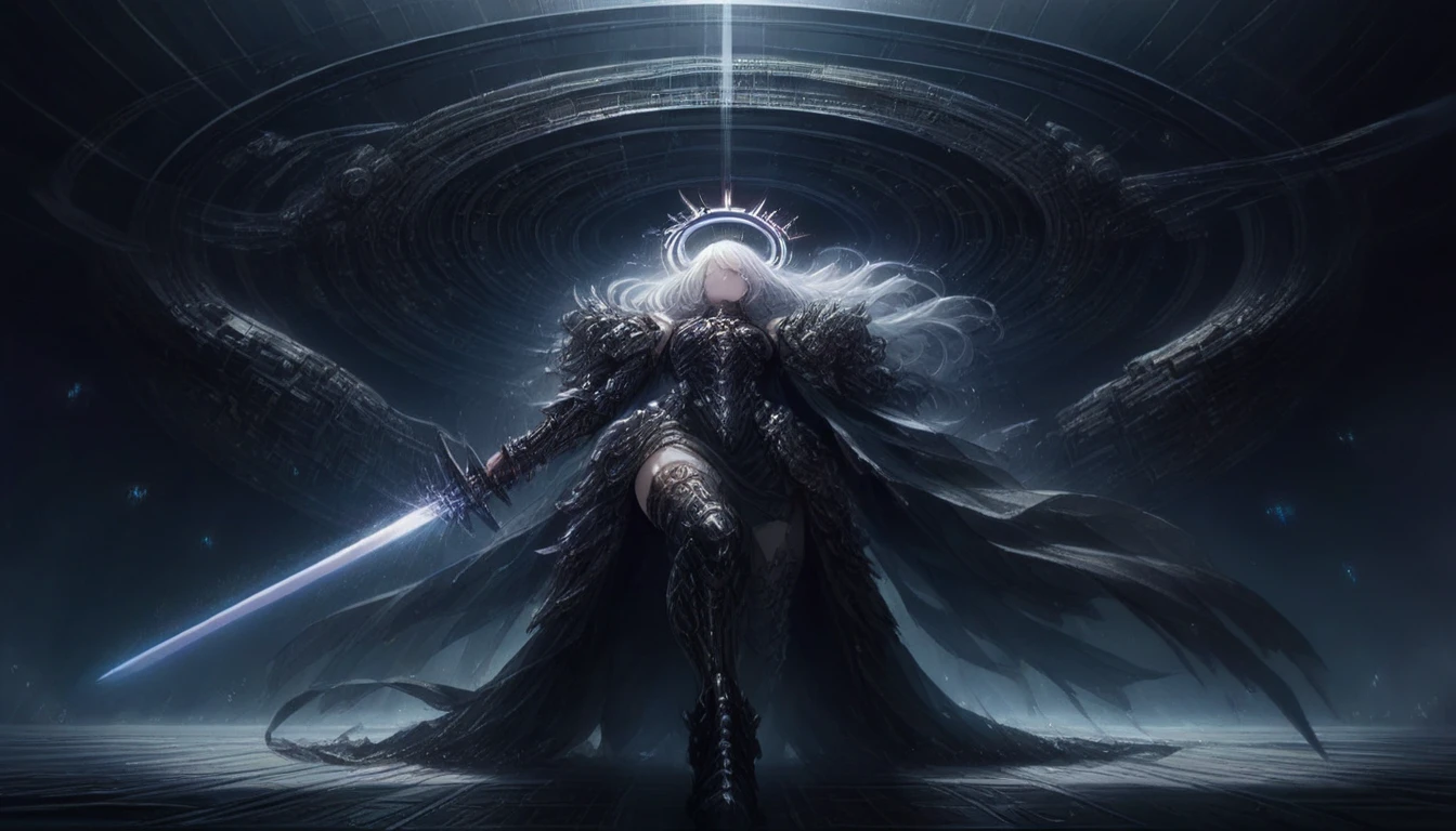 Fierce character in ornate black armor, holding a glowing sword, with long flowing silver hair. The pose is powerful and confident, standing against a futuristic, mechanical backdrop with dark, moody lighting and dramatic shadows. The overall atmosphere is intense and otherworldly, enhanced by a halo-like array of technological elements behind and particles floating in the air. The image is captured with a front view angle, high contrast, and shallow depth of field to focus on the subject.