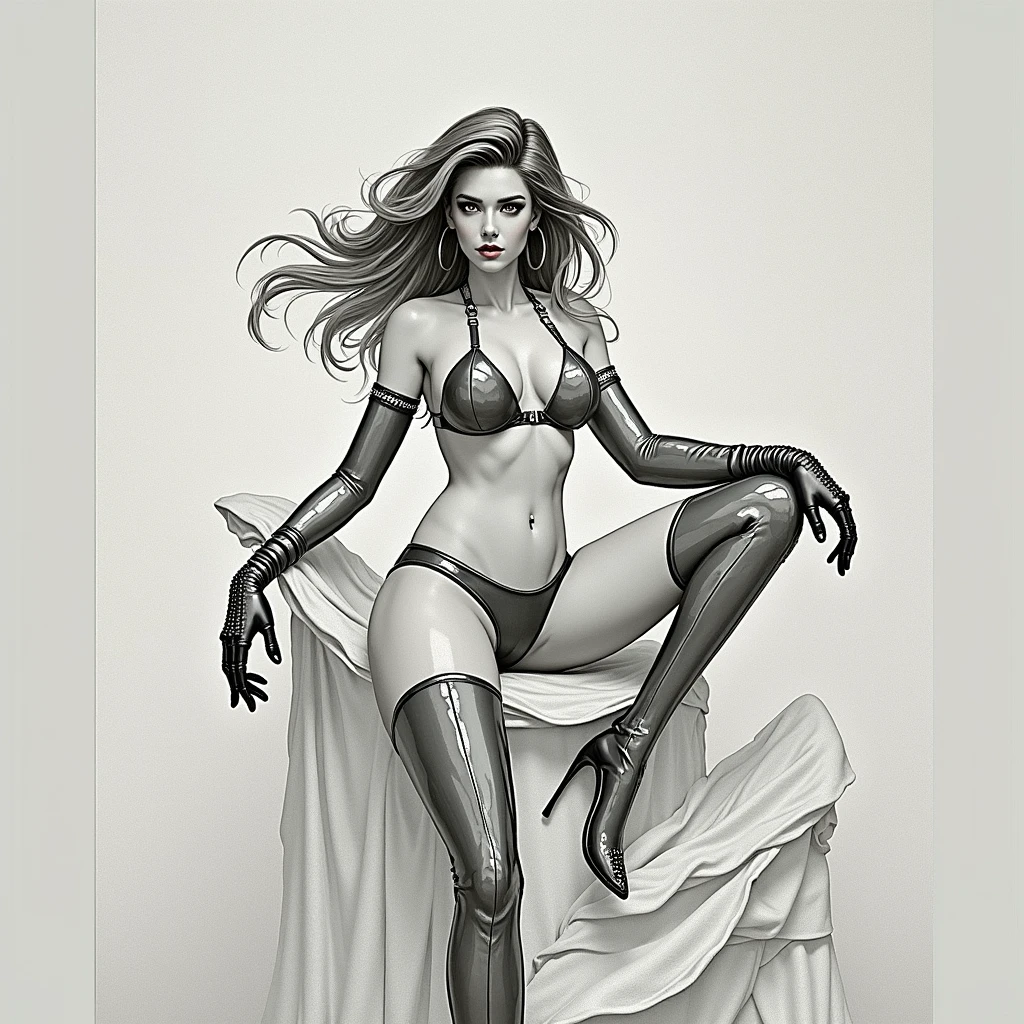 Illustration art，Whole body movement，Sexy woman in sexy clothes，murderess，Very cool facial expression，Gorgeous background，Great erotic art，painting art，Sexy art，Detailed body part details，long leges，Inspired by J.c.Ryan Decker，Epic European and American illustrations，Tall，The whole body is evenly sexy
