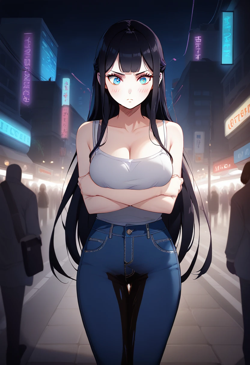 1girl, woman, (wetting self:1.5), desperation, (very long hair:1.5), straight hair, medium bangs, huge breasts, black hair, blue eyes, jeans, topless, nipples, cleavage, (blushing:1.5), humiliation, angry, trembling, (arms crossed:1.5), city, street, crowd, night, futuristic, colorful lights, colorful city, (saturated:1.5)