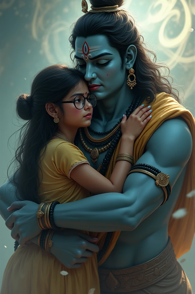 Girl, chubby, curly shoulder length side parted hair, hugging mascular aghori lord shiva, eyes closed, sense of safety, calmness