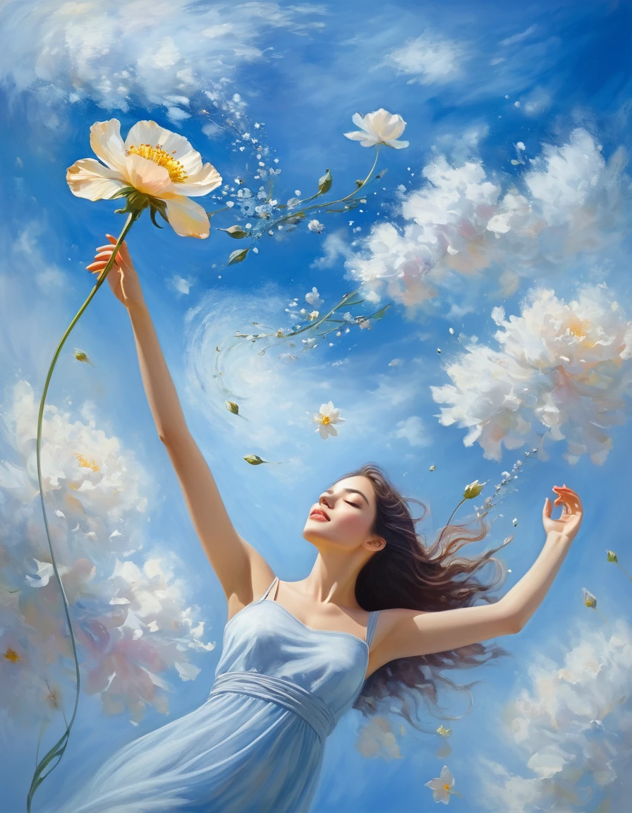 Top quality, high image quality, woman and flower, (composition floating in the sky), gentle and blurry touch, sfumato technique: 1.2, impressionism, dreamy blue coloring, oil painting, masterpiece