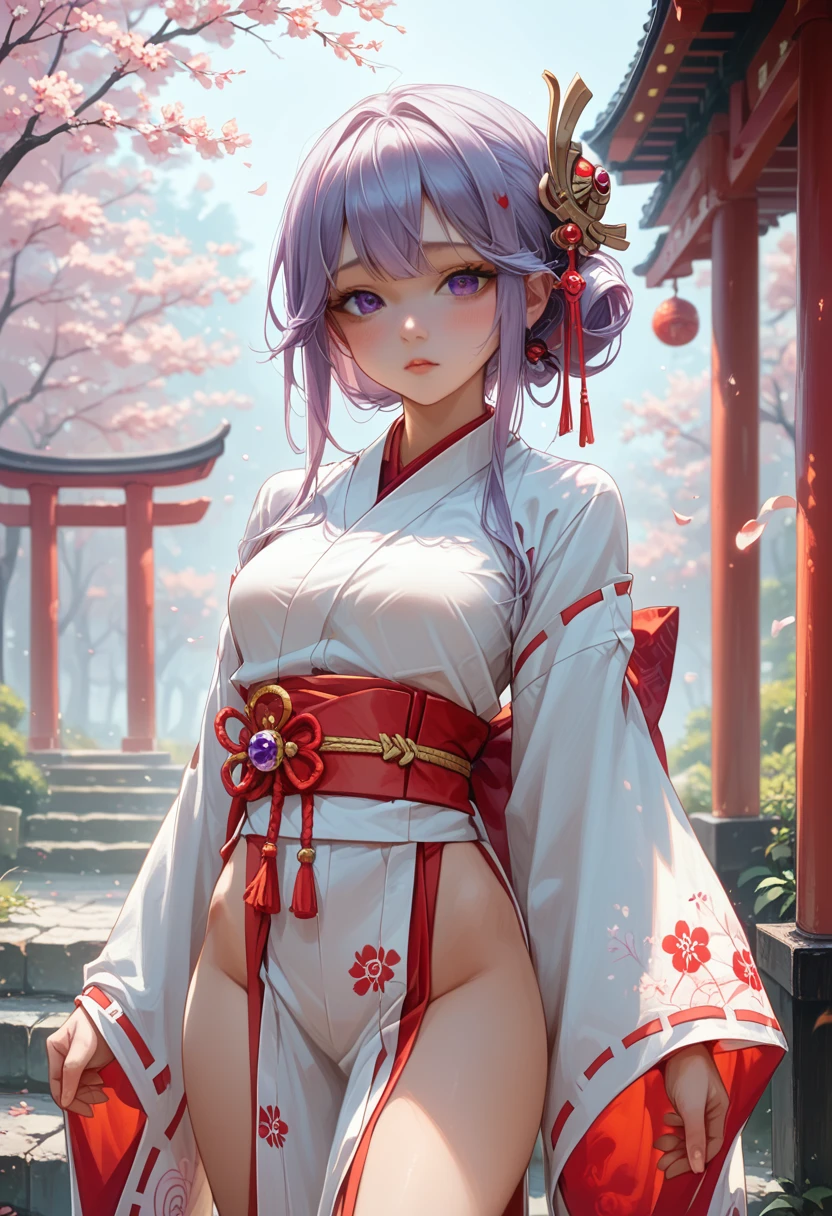 (Best quality:1.4), a high resolution, masterpiece,, 1 girl,, light purple hair, purple eyes, (Kemomimi), medium breast, bare slender thigh,, hair ornament, (red|White Japanese Miko Clothing), cut off sleeves,, blush,, flashlight, shrine,, detailed face,