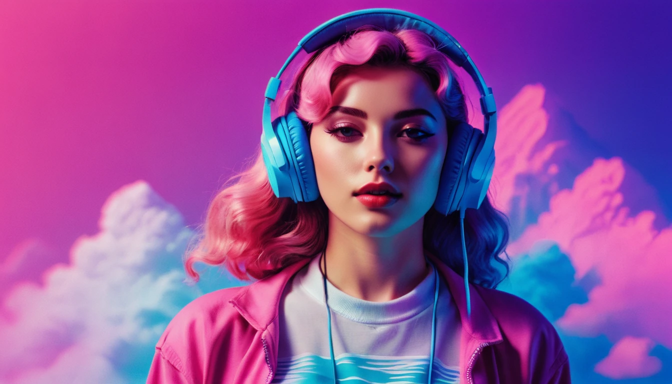 woman with headphones,Vaporwave aesthetic style, synthetic wave,