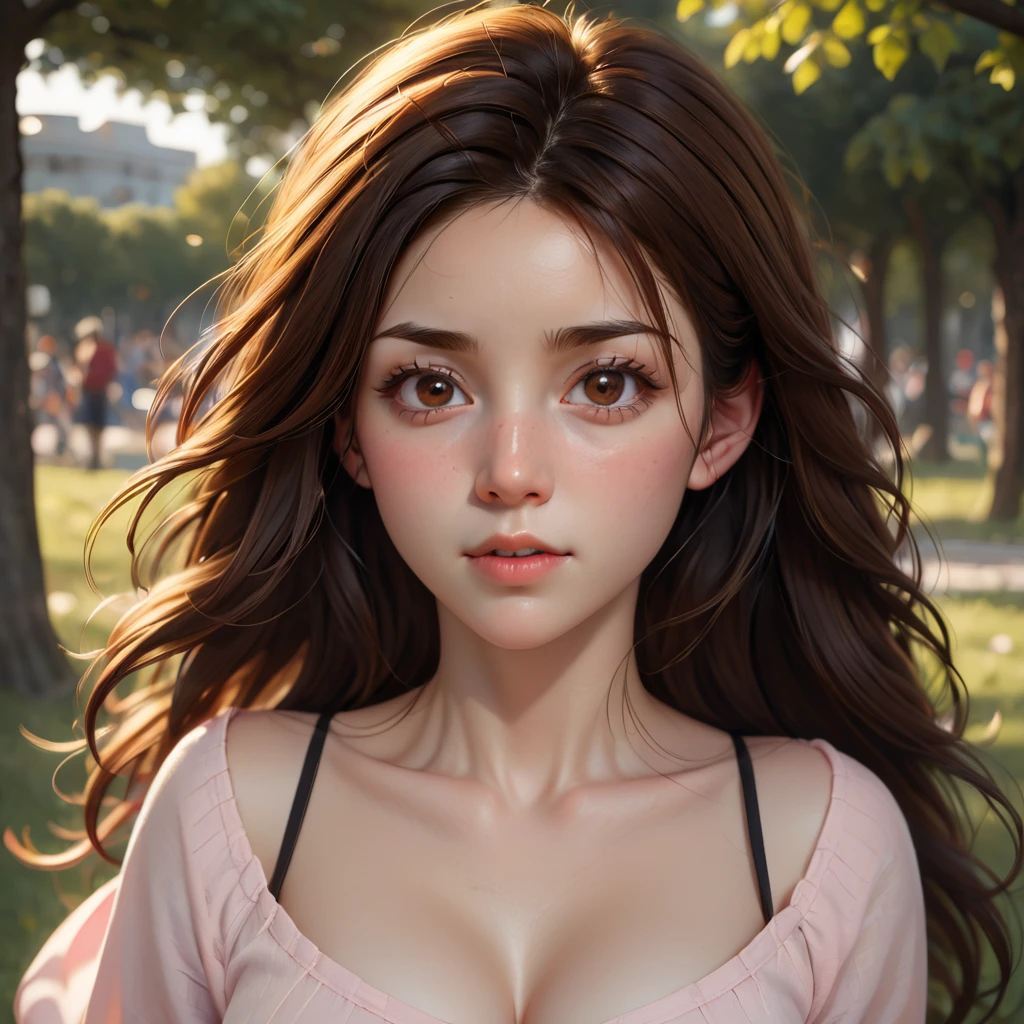 (GeGe:1.5), woman, brunette, brown eyes, freckles, (ultra detailed face, ultra detailed eyes, ultra detailed lips, ultra detailed eyebrows), safe_pos, score_9, score_8_up, score_7_up score_9, score_8_up, score_8, 1girl, cutest girl in the world, brown hair, long hair, hair flowing over shoulders, pink shirt, cleavage , (short white skirt, no panties, hairy pussy), pale skin, body freckles, large breasts, puffy nipples, public park, grass, in a park, dynamic angle, cinematic lighting, volumetric lighting, full body, Expressiveh, downblouse, exposed breasts, squishing breasts, horny, parted lips, looking to the side, people filming, group of people with cell phone, (exposed breasts, detailed breasts, detailed nipples, detailed areola),
