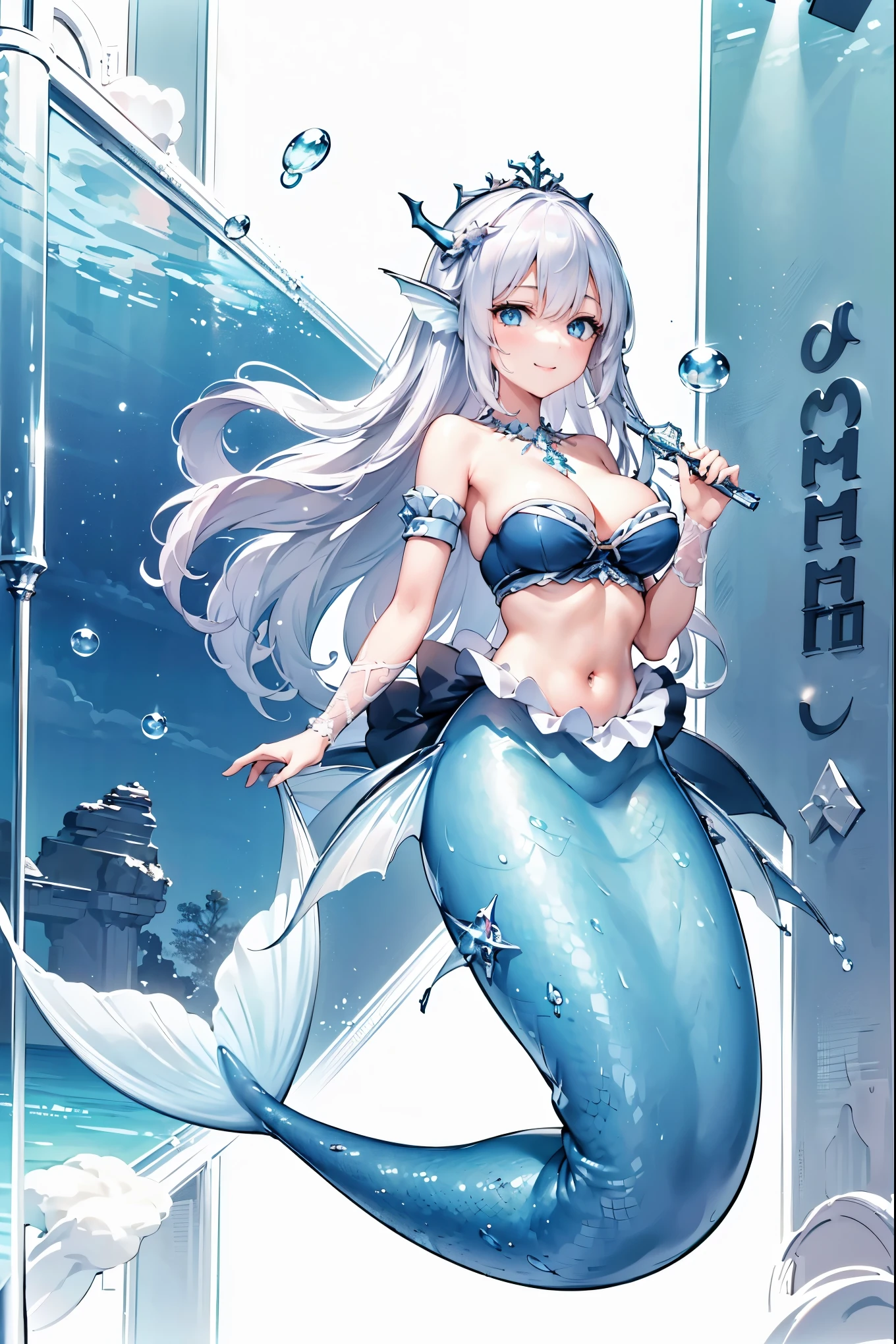 masterpiece, best quality,A girl,White hair,Teardrop_the_Rikka_Queen,swimsuit,blue eyes,Head fin,独奏,Large Breasts,Mermaid,蓝色的Mermaid尾巴,full-body shot,(In the water:1.2),Looking at the audience,Smile