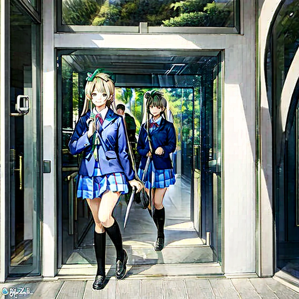 masterpiece。high quality。Minami Kotori。otonokizaka school uniform。In front of the school gate。Hold a long sword