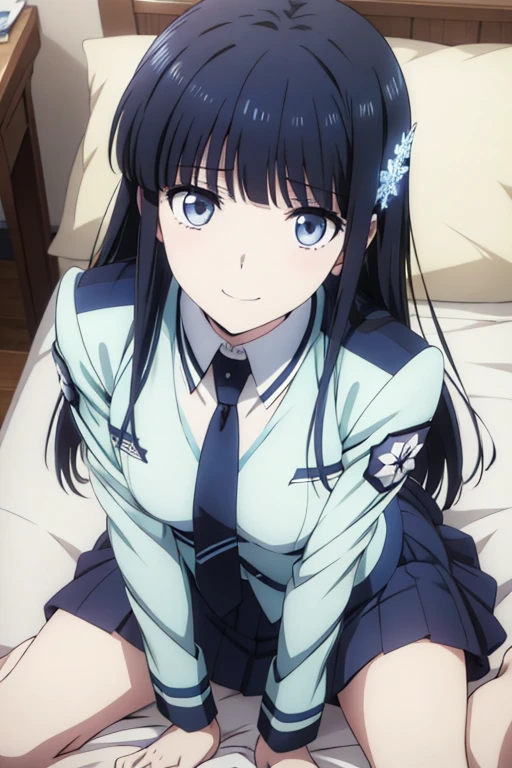 Miyuki Shiba, The Irregular at Magic High School,  Snowflake hair ornament, At the bed, Lying down, school uniform, skirt, Spread your legs, smile, Open your mouth