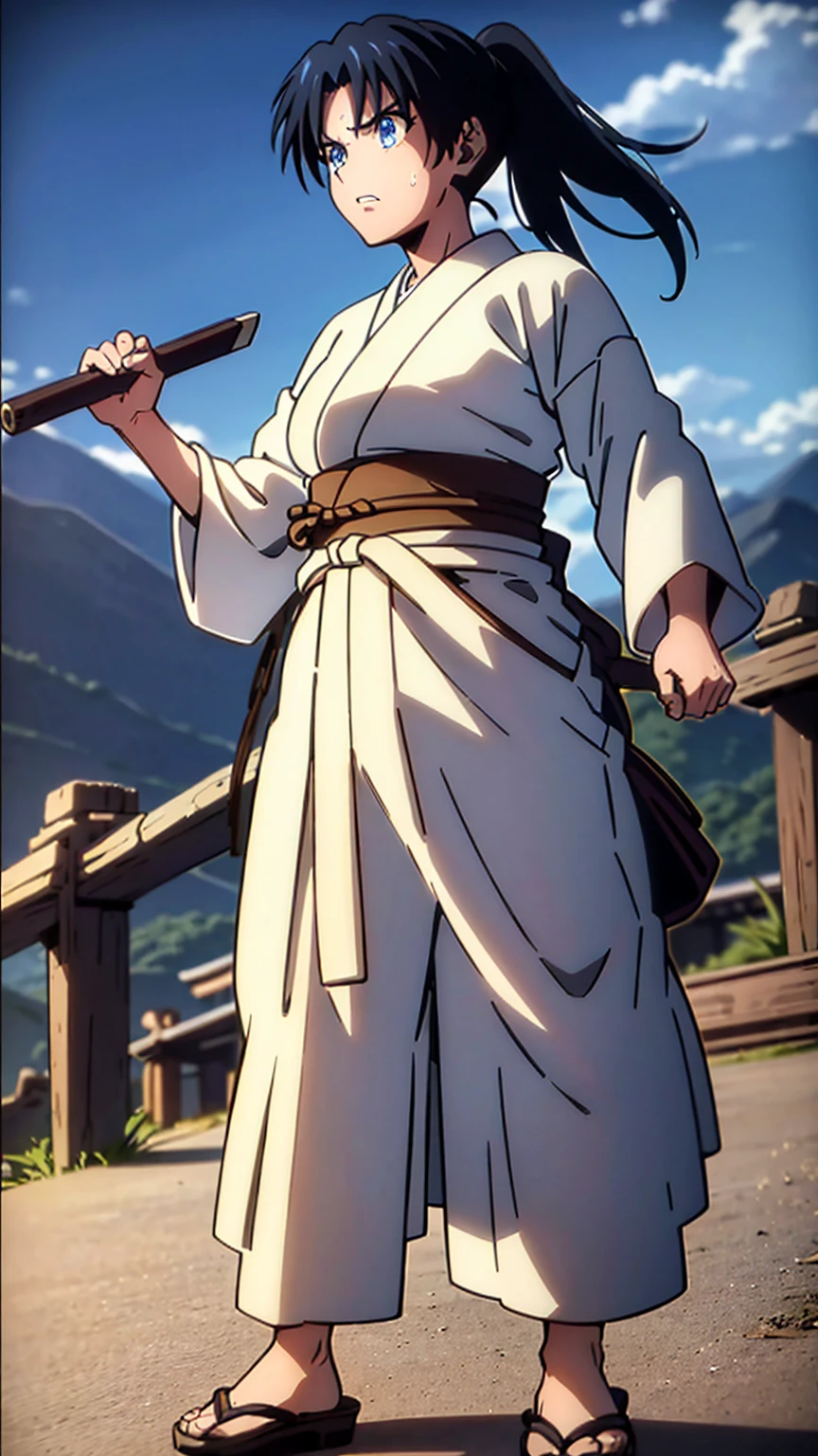 score_9, score_8_up, score_7_up, score_6_up,
uncensored,
1girl, kaoru kamiya, blue eyes, black hair, medium breasts, 
japanese clothes, ponytail, brown hakama, skirt, hakama, hakama skirt,
holding wooden sword 
looking at viewer, solo,
outdoors, night, night sky, mountain,  cherry blossoms, 
Mountain paths, rocky mountains, temple, 
look up,angry, 
standing, full body,  fighting stance, 
(from below:1.1),  (dutch angle:1.2),
masterpiece, best quality,