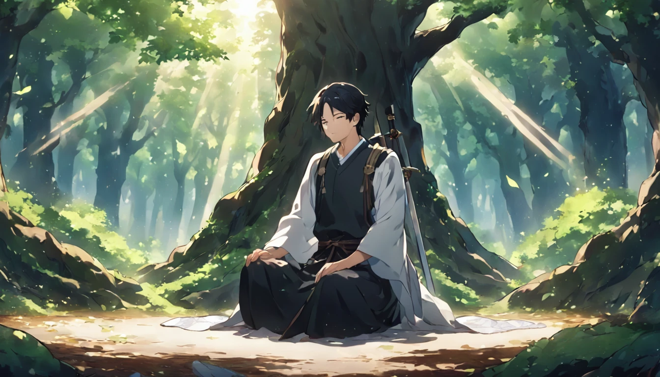 "An anime-style illustration of a strong, confident male warrior sitting on the forest floor, resting with his back against a large, ancient tree. He is dressed in a sleek, black outfit with intricate details that subtly reflect the dappled sunlight filtering through the dense canopy above. His black hair is short and slightly tousled, giving him a relaxed, calm expression, as he takes a moment to rest. His two swords are securely sheathed in crossed scabbards on his back, clearly visible even as he sits. The character should be positioned in the lower left corner of the image, sitting with his legs comfortably extended, his hands resting on his knees or the ground. The background should be expansive, filled with deep green foliage, towering trees, and soft beams of light breaking through the leaves, creating a mystical, serene atmosphere. The overall design should convey a sense of tranquility, readiness, and the beauty of nature, making it a perfect fit for the 'Brave Music' YouTube channel."