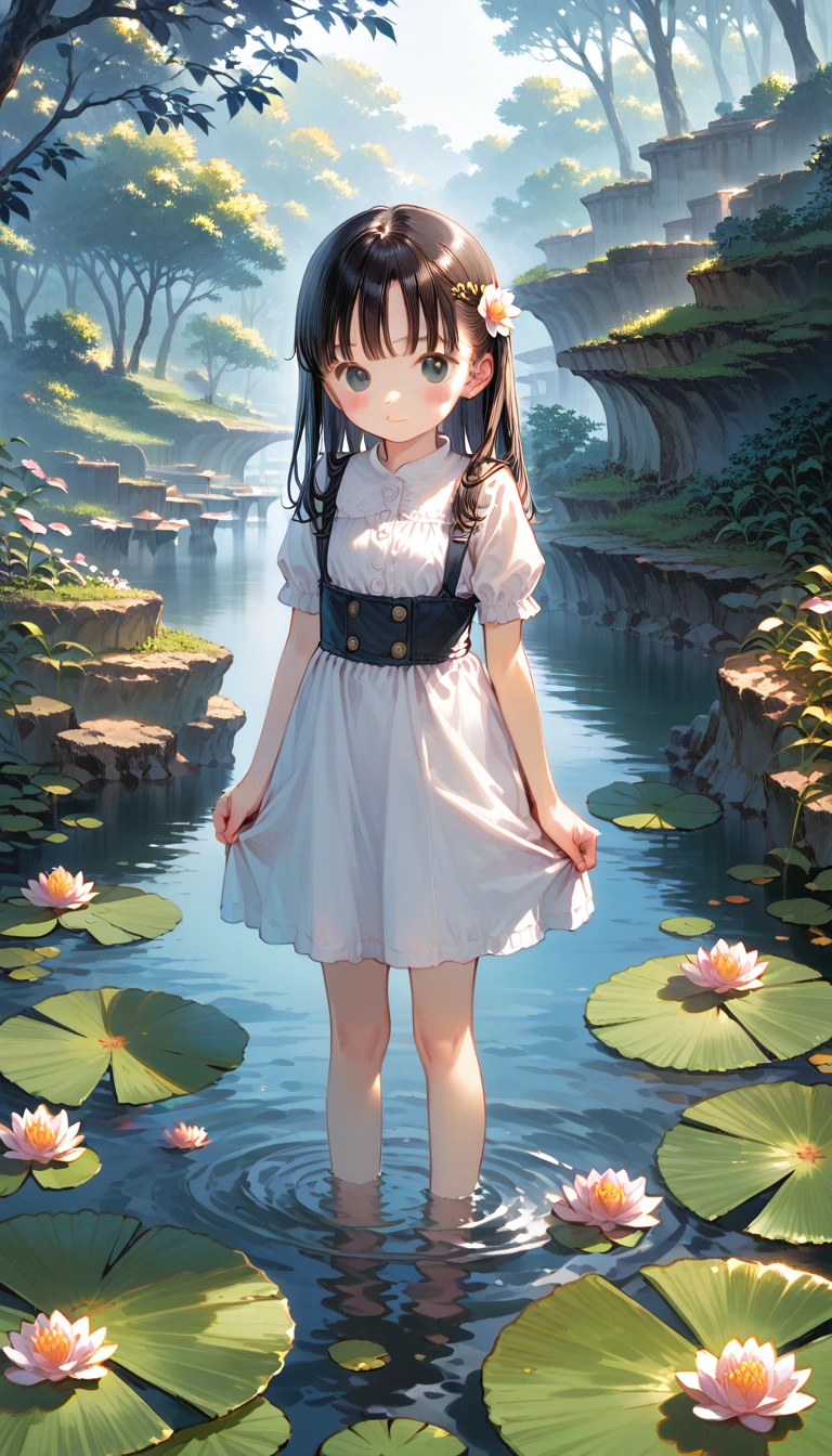 There is a girl sitting on a stone, (white  clothes), fresh color scheme, there's a stuffed toy, Guvez style art, Popular na cgstation, illustrated by Li Song, anime suave, standing on a water lily pad, standing in lotus flower, cute digital art e meticulosa, cute art style, in the lagoon, Yang J., cute digital art, Guvitz, standing near the pond