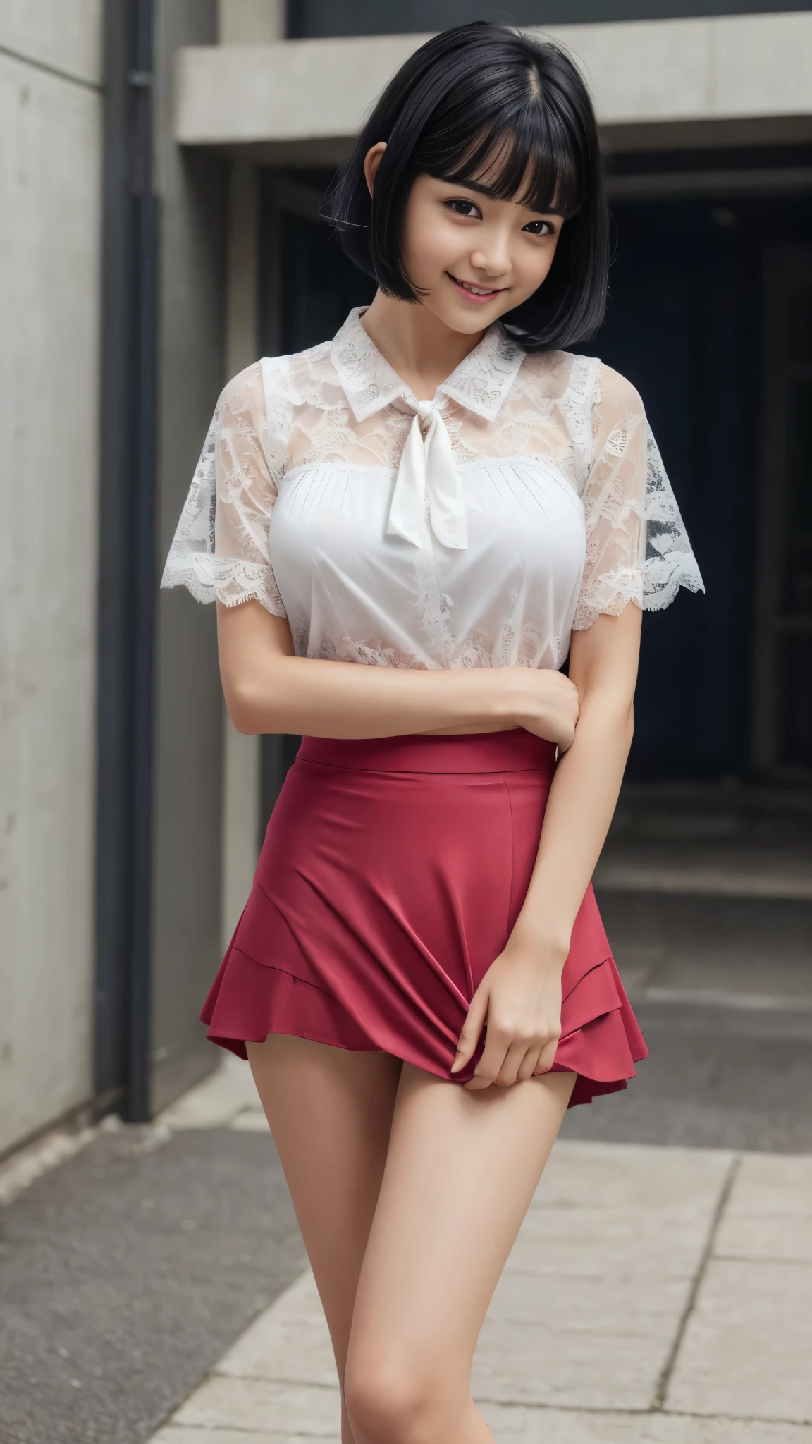 8K images, Highest quality, masterpiece, Realistic, Realistic, High resolution, maroon, Shoulder-length wavy bob hair、Ray Tracing, 1 sexy woman, , Shapely breasts,,(((Japanese middle-aged woman))) , (View your viewers)、Show off your thighs、charm、sexy、Spread your legs、The body was facing forward、Crisp white shirt、A tight skirt that accentuates the waist