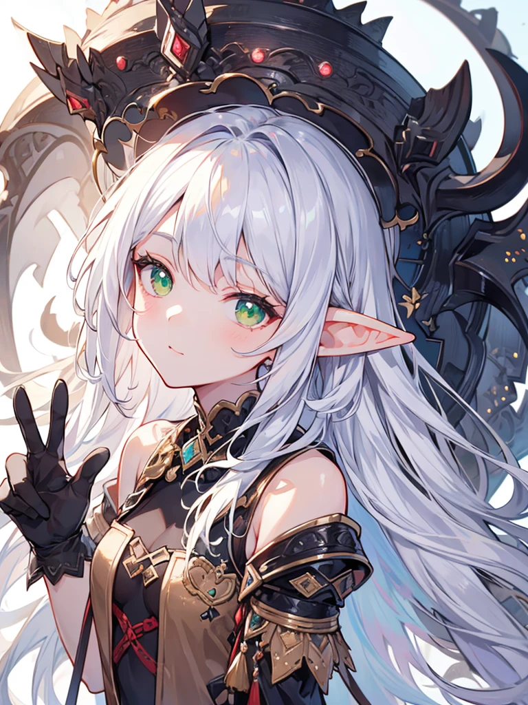 masterpiece, best quality, 1girl, ultra detailed, ultra highres, well-definded facial features, anatomically correct, cute girl, long pointy ears, coffee-skined elf, nice face, white hair, green eyes, peace sign, monster hunter,