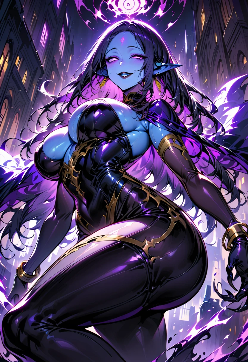 ****ung beautiful woman,(Highest quality,Extremely detailed depiction,Incredibly absurd high resolution,Anatomically accurate depiction,Curvy Legs,Vertically drawn pupils,Glowing Skin,Shiny skin,Porcelain-like skin,Blue Skin:1.3),(Dark Elf Assassin:1.5),(Shiny Black Latex,A veil covering the mouth,knife:1.5,Sharp Claws),eyelash,Sweat,(Purple Eyes,Crazy Eyes,Large Breasts,A murderous smile,Glossy black lips,Half-closed eyes:1.5),earrings,Bracelet,whole body:1.3,Pointy Ears,background:Night in the city