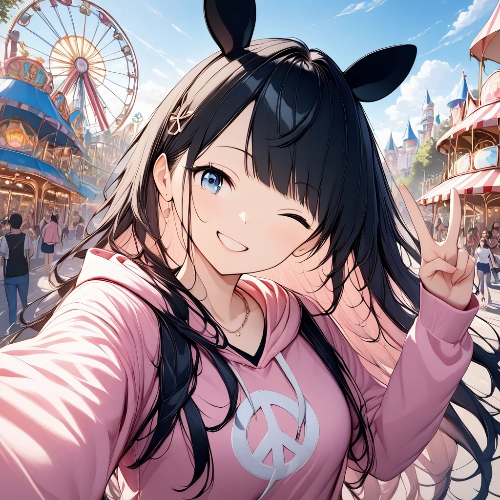 anime、((Amazingly absurd)),(masterpiece:1.2),超High resolution, Attention to detail, high quality, High resolution, 最high quality, 4K, 8k、Girl taking a selfie、peace sign、long hair、Black Hair、blue eyes、(((Wink)))、Pink hoodie、In the amusement park、Black points、Front angle