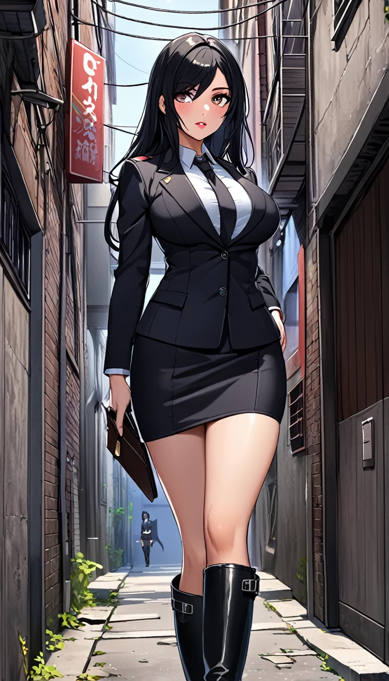 Highest quality、One woman, age 26、Policewoman、Black Hair、Long Hair、Hanging eyes、Dark Eyes、Black clothing、Big Breasts、suit、Pencil Skirt、Over the knee boots、stand、Back Alley