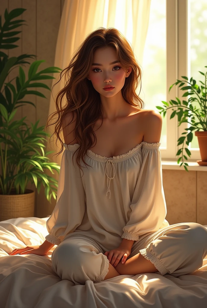 (photorealism:1.2), beautiful 12 year old girl, sitting on bed, wearing loose off-shoulder top, pajama pants, long hair, indoors, soft lighting, plants in background, window with sunlight, cozy room, relaxed pose, realistic, intricate details, warm colors.