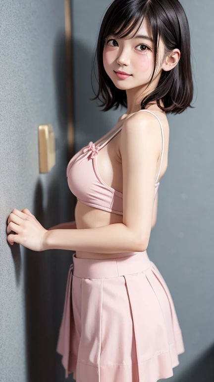 Droopy eyes, Eye size, Pleated skirt, (((Round face, blush))), ribbon, Thin and transparent, (((Grab your own ass))), (Showing tight panties), (A dark and old storehouse), Lean forward,