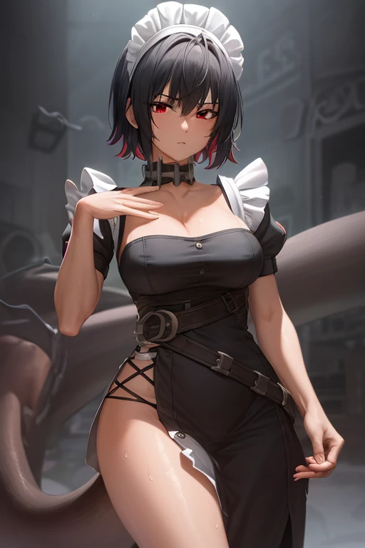 masterpiece,best quality,high resolution,8k,ultra HD,wallpaper,illustration,perfect face,cowboy shot,beautiful detailed eyes,extremely detailed face,perfect lighting,extremely detailed CG,perfect hands,perfect anatomy,perfect body,perfect hands,perfect fingers,1woman,full body,,(muscle fighter body:1.1),black short hair,red eyes,large breasts,Medium ass,,black maid dress,dress skirt,,,collarbone,,looking at viewer,sexy pose,Steam,sweat,rich home ,(Zenless Zone Zero character Ellen Joe),(single large skark tail from coccyx:1.2),