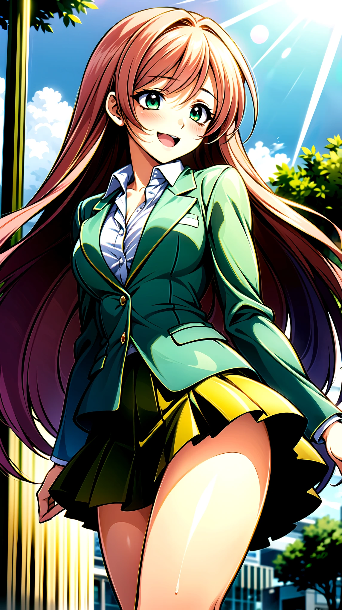 ((super high quality,))((Ultra-high resolution,))(16K,)(super masterpiece,)((Ultra HD ,))(Detailed shading,),One sexy high school girl,Pink long hair,Green blazer,(popped Tight collar White shirts,)((Even the third button is undone.,))mini skirt,The wind lifts her skirt and hair,happy,blush,Park in the morning sun,Put your hands on your head,Angle from below,Open your legs a little,
