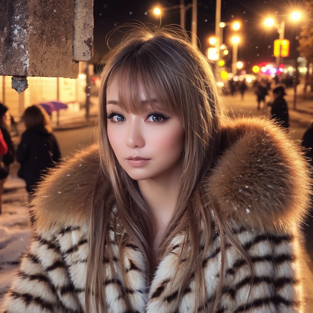 1girl in, (wear a Tiger fur coat:1.2), (Raw photo, Best Quality), (Realistic, Photorealsitic:1.4), masutepiece, Extremely delicate and beautiful, Extremely detailed, 2k wallpaper, amazing, finely detail, the Extremely Detailed CG Unity 8K Wallpapers, Ultra-detailed, hight resolution, Soft light, Beautiful detailed girl, extremely detailed eye and face, beautiful detailed nose, Beautiful detailed eyes, Cinematic lighting, Illuminations coloring the city on a snowy night, Snowy landscape, It's snowing, There&#39;s snow in my hair, Perfect Anatomy, Slender body, Taut, 
Straight semi-long hair, Bangs, Looking at Viewer, A slight smil