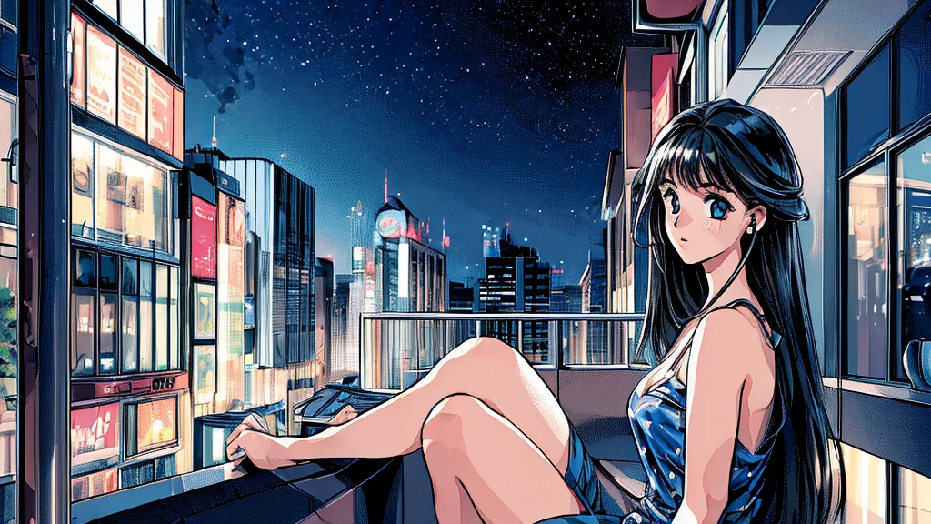 ((masterpiece)),(((Highest quality))),((Super detailed)) Realistically, 1 Girl, beautiful, Wearing headphones, one person　 Watching the night view, city, Starry Sky, building, night.　Long Black Hair　The wind is blowing　Cleavage　Girl sits on the corner　Landscape