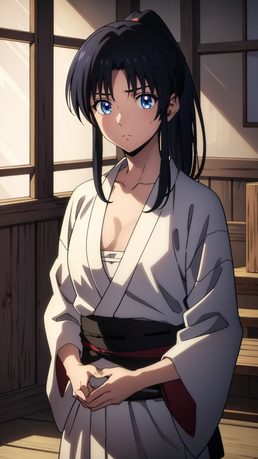 kaorukamiya, kaoru kamiya, blue eyes, black hair, ponytail,
BREAK japanese clothes, open clothes, kimono, bandages, hakama, sarashi, open kimono, chest sarashi,
BREAK looking at viewer,
BREAK indoors,
BREAK (masterpiece:1.2), best quality, high resolution, unity 8k wallpaper, (illustration:0.8), (beautiful detailed eyes:1.6), extremely detailed face, perfect lighting, extremely detailed CG, (perfect hands, perfect anatomy),