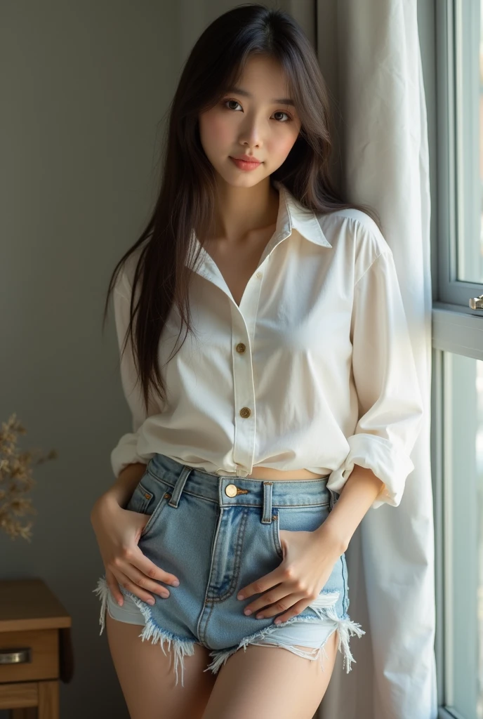 best quality, masterpiece, (photorealistic:1.4), 1girl, light smile, shirt with collars, waist up, dramatic lighting, from below