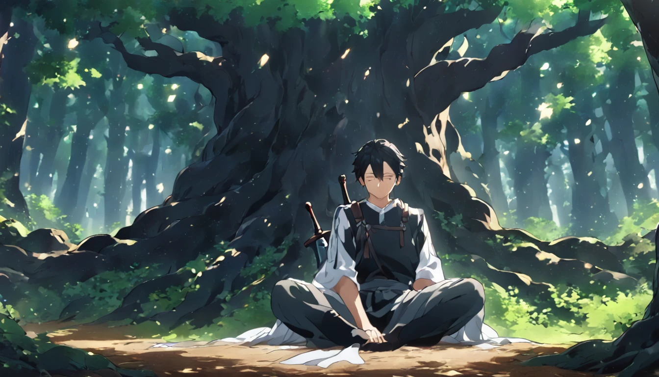 "An anime-style illustration of a strong, confident male warrior sitting on the forest floor, resting with his back against a large, ancient tree. He is dressed in a sleek, black outfit with intricate details that subtly reflect the dappled sunlight filtering through the dense canopy above. His black hair is short and slightly tousled, giving him a relaxed, calm expression, as he takes a moment to rest. His two swords are securely sheathed in crossed scabbards on his back, clearly visible even as he sits. The character should be positioned in the lower left corner of the image, sitting with his legs comfortably extended, his hands resting on his knees or the ground. The background should be expansive, filled with deep green foliage, towering trees, and soft beams of light breaking through the leaves, creating a mystical, serene atmosphere. The overall design should convey a sense of tranquility, readiness, and the beauty of nature, making it a perfect fit for the 'Brave Music' YouTube channel."