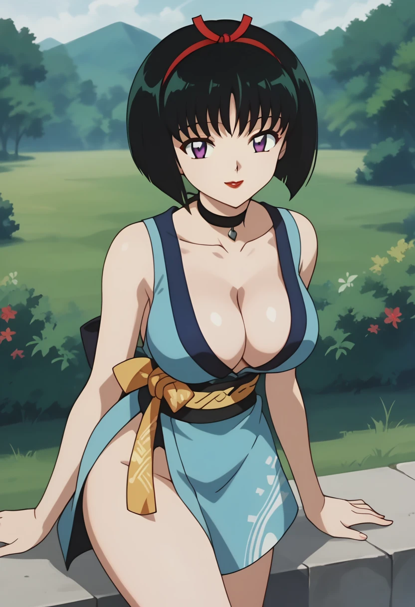 score_9, score_8_up, score_7_up, source_anime, best quality, masterpiece, rating_explicit, uncensored, anime screencap, megami magazine, BREAK, SAKASAGAMINOYURA, 1GIRL, large breasts, cleavage, BLACK HAIR, HAIR BAND, BOB_CUT, PURPLE EYES, CHOKER, SLEEVELESS, SHORT KIMONO, red lip, outdoors, looking at viewer, smile