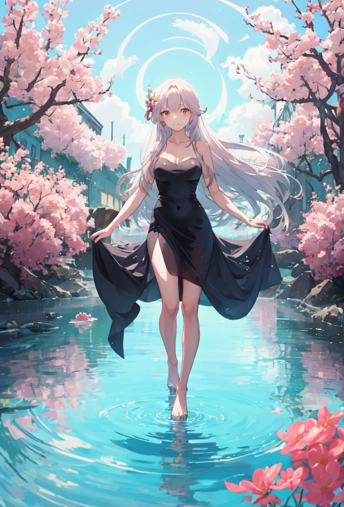 long hair anime girl, gracefully walking on water, beautiful lady, surrounded by flowers, shimmering glass
