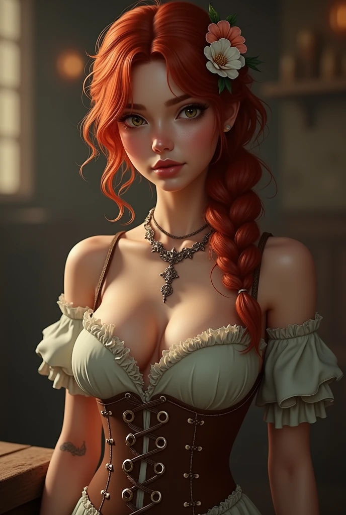 1girl, (Skyler Samuels:1.2), realistic, photorealistic, graphic novel, impossible clothes, freckled face. thick lips, full lips, big lips, (surprised:1.2), (shocked:1.2), [red hair, two-tone hair, shiny hair, sunbeam, god-rays, bursting breasts, ambient light, rim-light, rimlighting, backlighting, realistic, (photorealistic:1.1), (lineart:0.8) irndl, a woman in traditional bavarian dress Standing poses for a picture , german woman, wearing a dirndl, massive cleavage. frekled cleavage,
