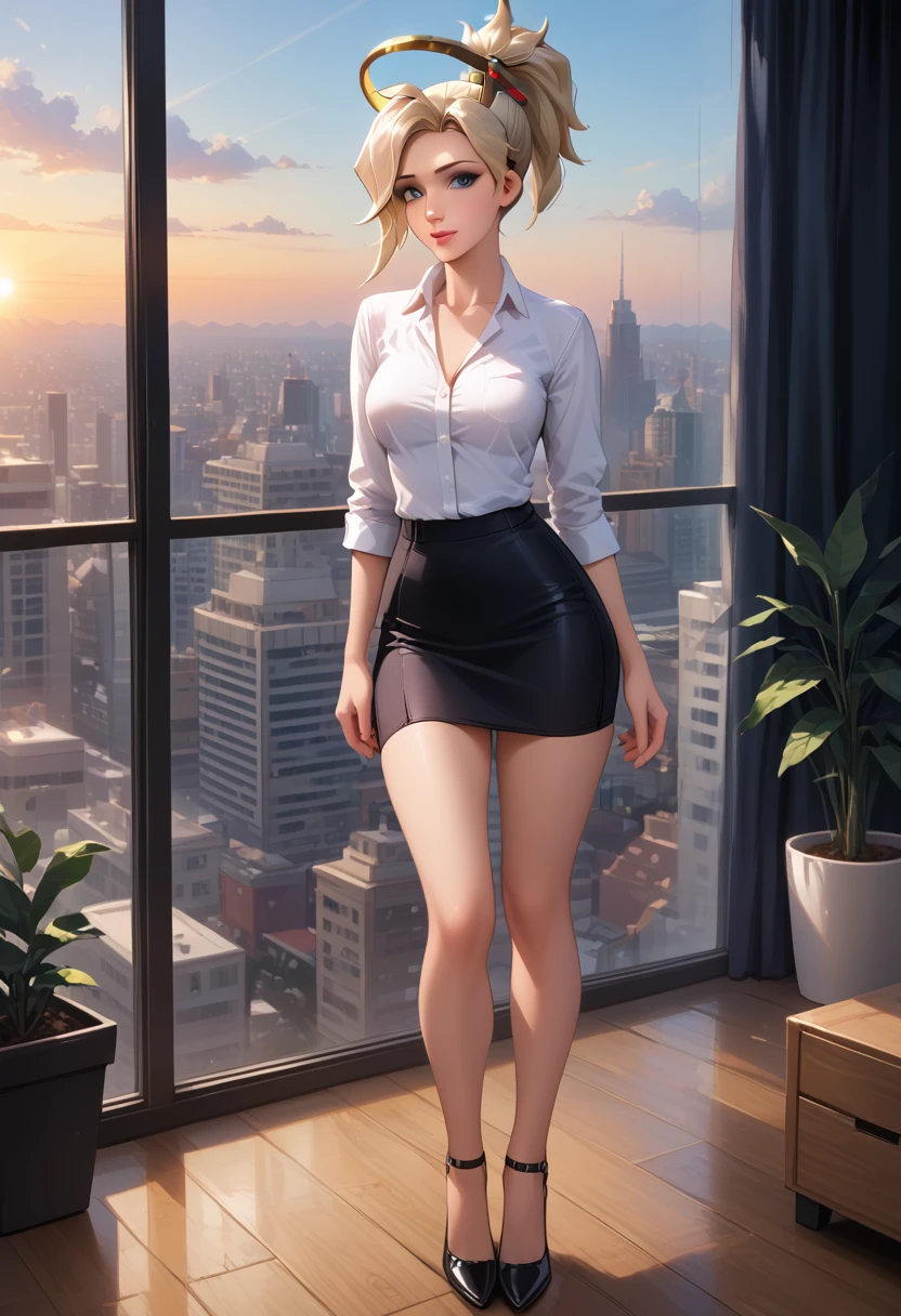 score_9, score_8_up, score_7_up, score_6_up, cinematic film still, solo, 1girl, BREAK mrcy, short hair, high ponytail, halo, BREAK, sexy office attire, short skirt, tight blouse, high heels, BREAK high power corporate office, high floor, floor to ceiling glass windows, view of the city, BREAK graceful, beautiful scene, sunset, BREAK highly detailed, detailed face, absurdres, 4k, masterpiece, best quality.