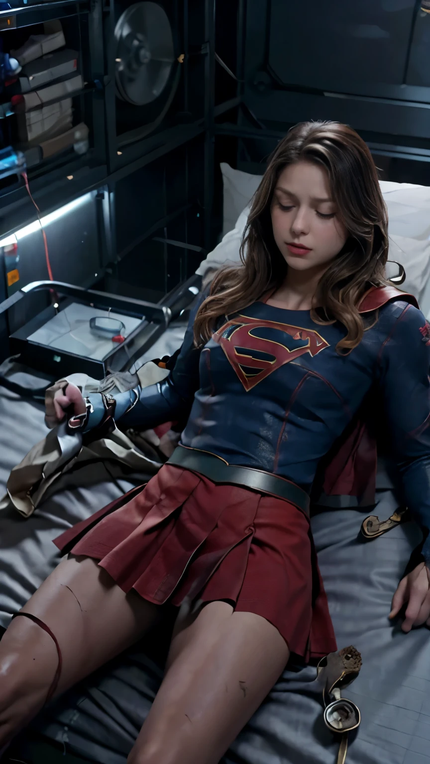 supergirl, (((laying down on a metal bed in the laboratory))), ((sleeping)), ((unconscious)), eyes close, she is wearing red skirt, (skirt is tattered:1.2), (tatter skirt:1.6), open her legs, can see blue panties, pantyhose, boots, Melissa Benoist, beautiful face, hyper detailed face, hyper realistic, shot from below, ((whole body visible:1.5)), full body shot, laying crucifixion on the bed, crucified, arms are bounded by tentacles,