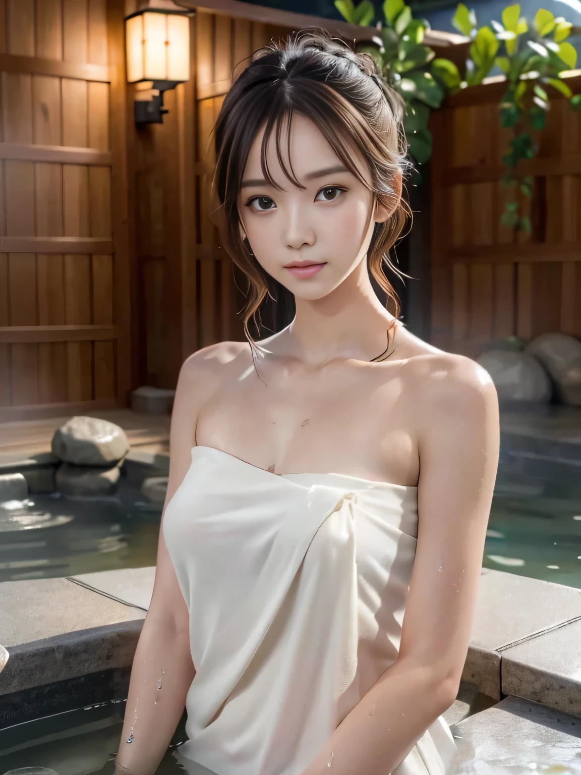 8K resolution, masterpiece, ultra high res, extremely detailed, photorealistic, an extremely delicate and beautiful, detailed skin, beautiful realistic face, detailed face, slender face, best light, modelshoot style, dramatic angle, light brown hair, asymmetrical hair, asymmetrical bangs, messy hair, elegant pose, sexy girl, Perfect female body, perfect and delicate limbs, 
BREAK, (A Japanese woman warming herself in a hot spring), (Wrap a thin white towel around your body), (Her skin is visible through the wet thin towel), (The shape of the body is clearly visible through a wet thin towel), (A wet thin towel sticks tightly to her skin), Sexy Looks, whole body, Slim Style, (whole body glossy skin, Fair skin), (natural lighting), Natural hot springs, (Enter the hot spring), ((Soak in a hot spring)), ((be soaked in hot springs up to the waist)), (Upper body visible from the water), (steam),