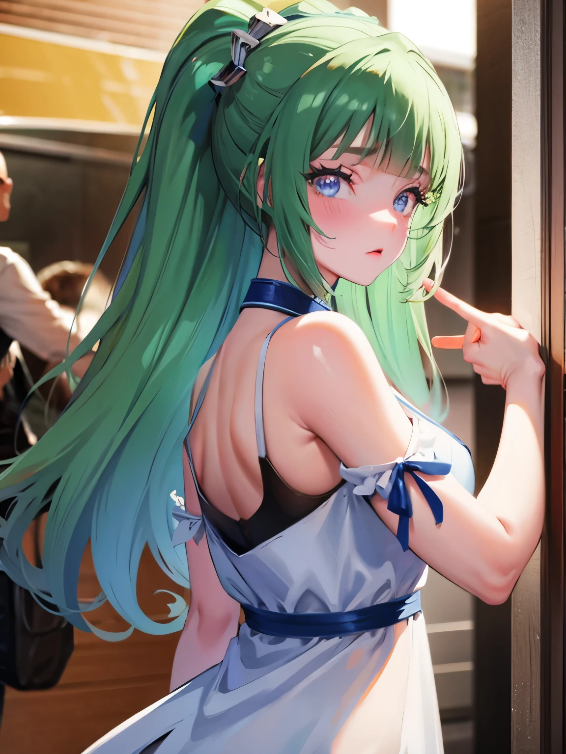 1girl, animal ear fluff, animal ears, ass, bare arms, bare shoulders, blue hair, closed mouth, collarbone, earrings, fox ears, green hair, large breasts, looking at viewer, looking back, medium breasts, mole, mole under eye, mole under mouth, navel piercing, orange eyes, parted lips, piercing, purple hair, rabbit ears, see-through, shirt, solo, toss a coin to your rabbit, upper body, white hair