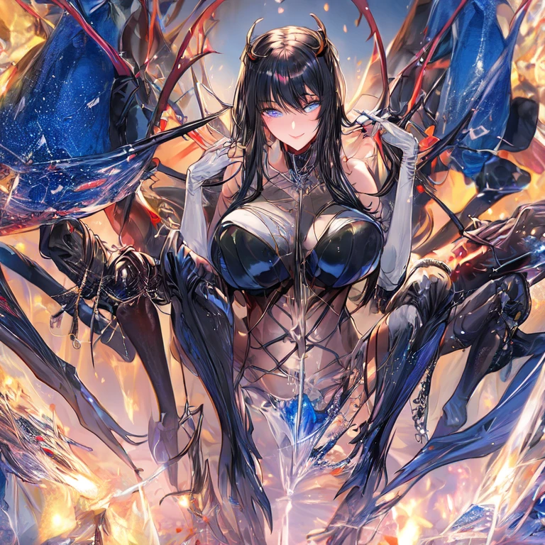 Beautiful mature arachne milf with eight spider legs with black hair and blue eyes with big breasts high details UHD super detail accurate best quality