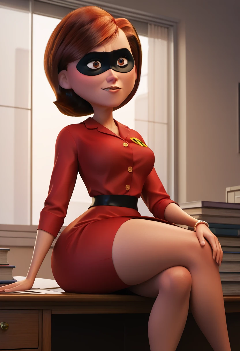 Helen Parr, eyes browns, brownhair, ((camisa sweetheart)), mask, whole body, (straight skirt), Broad Hips, BIG ASS, medium breasts, 正面, 1 girl, sitting down, desk, best qualityer 