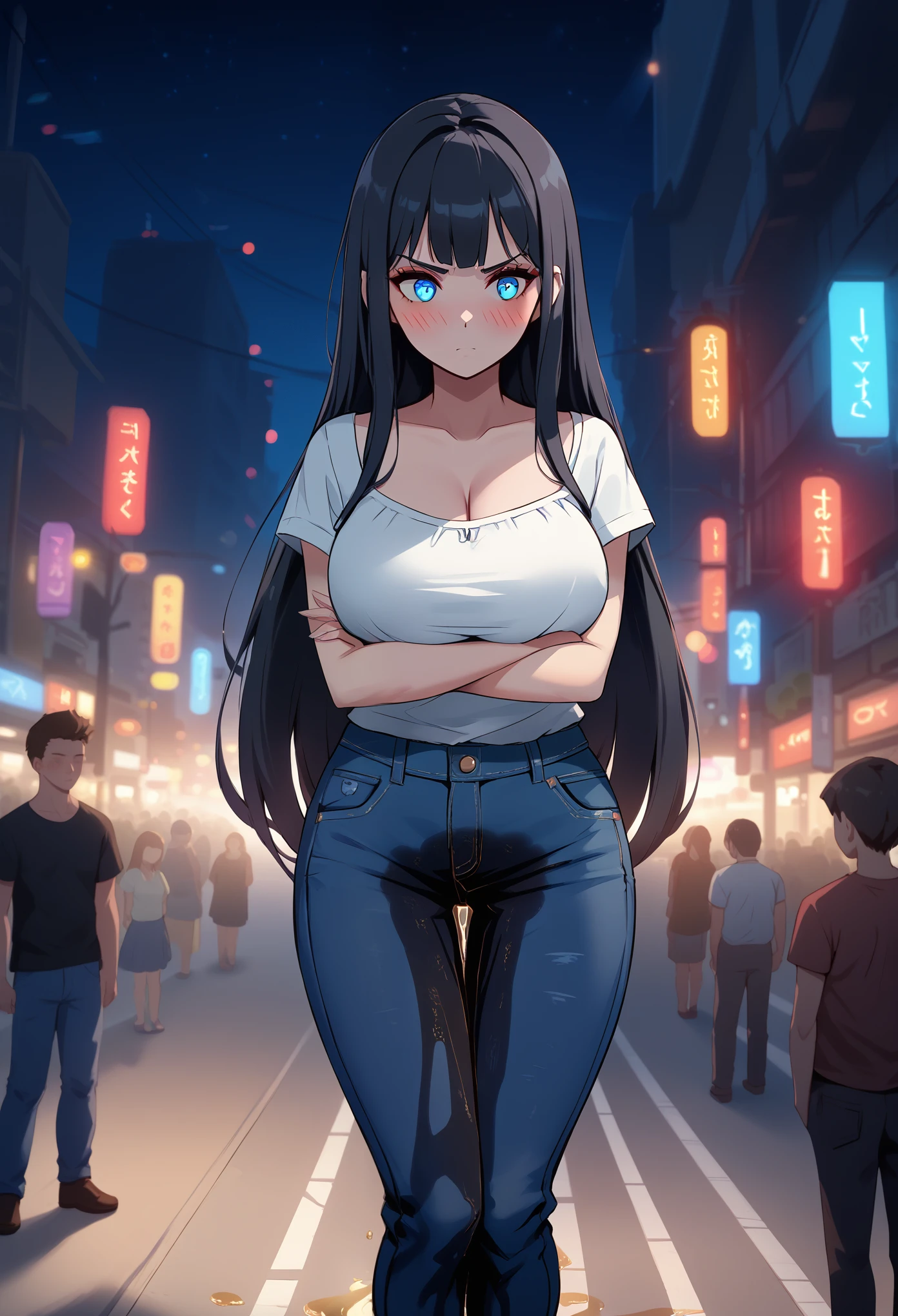 1girl, woman, (wetting self:1.5), desperation, (very long hair:1.5), straight hair, medium bangs, huge breasts, black hair, blue eyes, jeans, cleavage, (blushing:1.5), humiliation, angry, trembling, (arms crossed:1.5), city, street, crowd, night, futuristic, colorful lights, colorful city, (saturated:1.5)