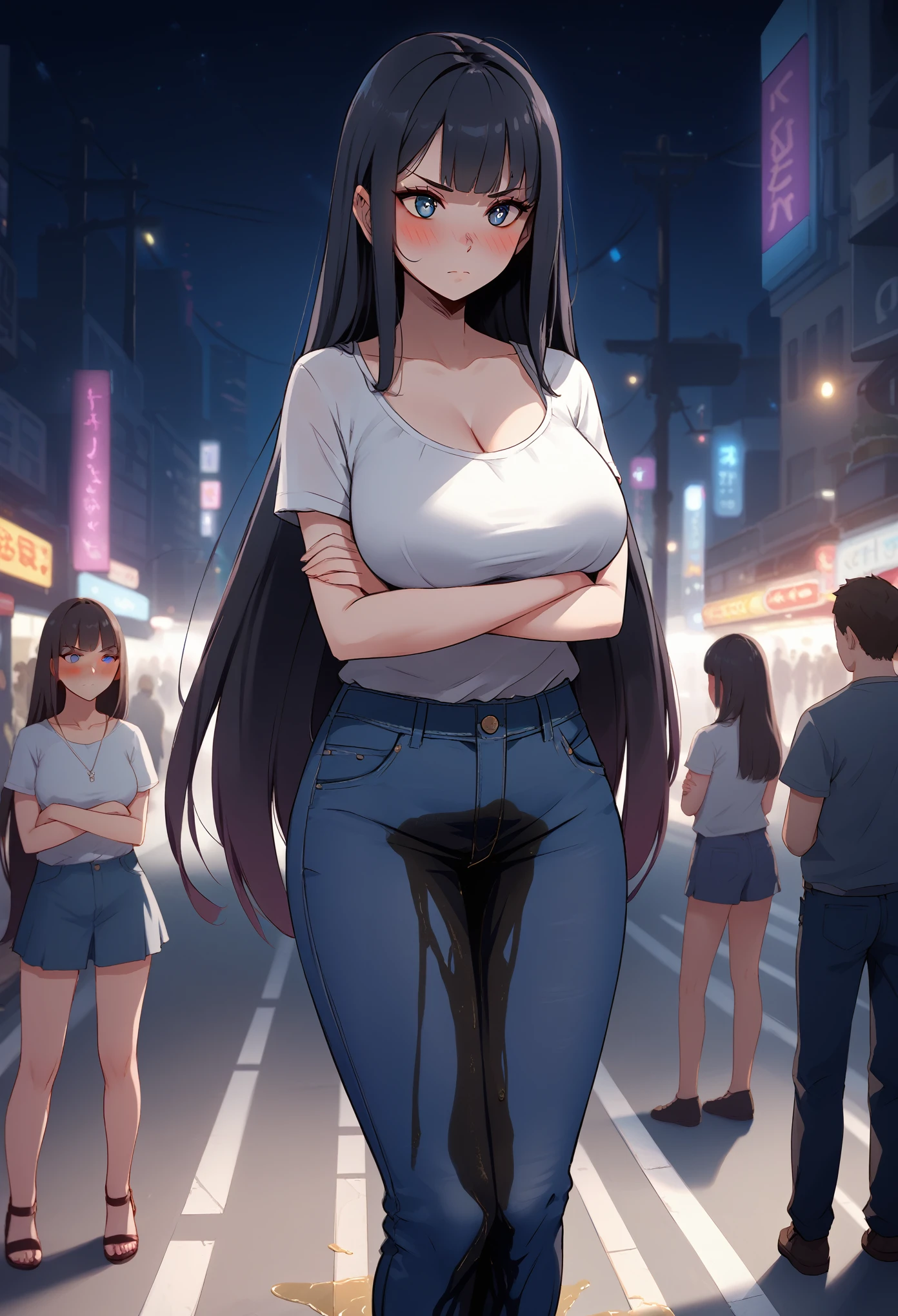 1girl, woman, (wetting self:1.5), desperation, (very long hair:1.5), straight hair, medium bangs, huge breasts, black hair, blue eyes, jeans, cleavage, (blushing:1.5), humiliation, angry, trembling, (arms crossed:1.5), city, street, crowd, night, futuristic, colorful lights, colorful city, (saturated:1.5)