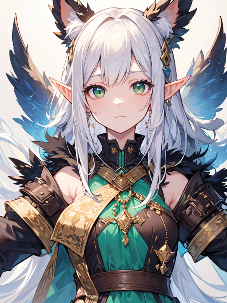 masterpiece, best quality, 1girl, ultra detailed, ultra highres, well-definded facial features, anatomically correct, cute girl, long pointy ears, elf, nice face, white hair, green eyes, brown-skined, monster hunter,